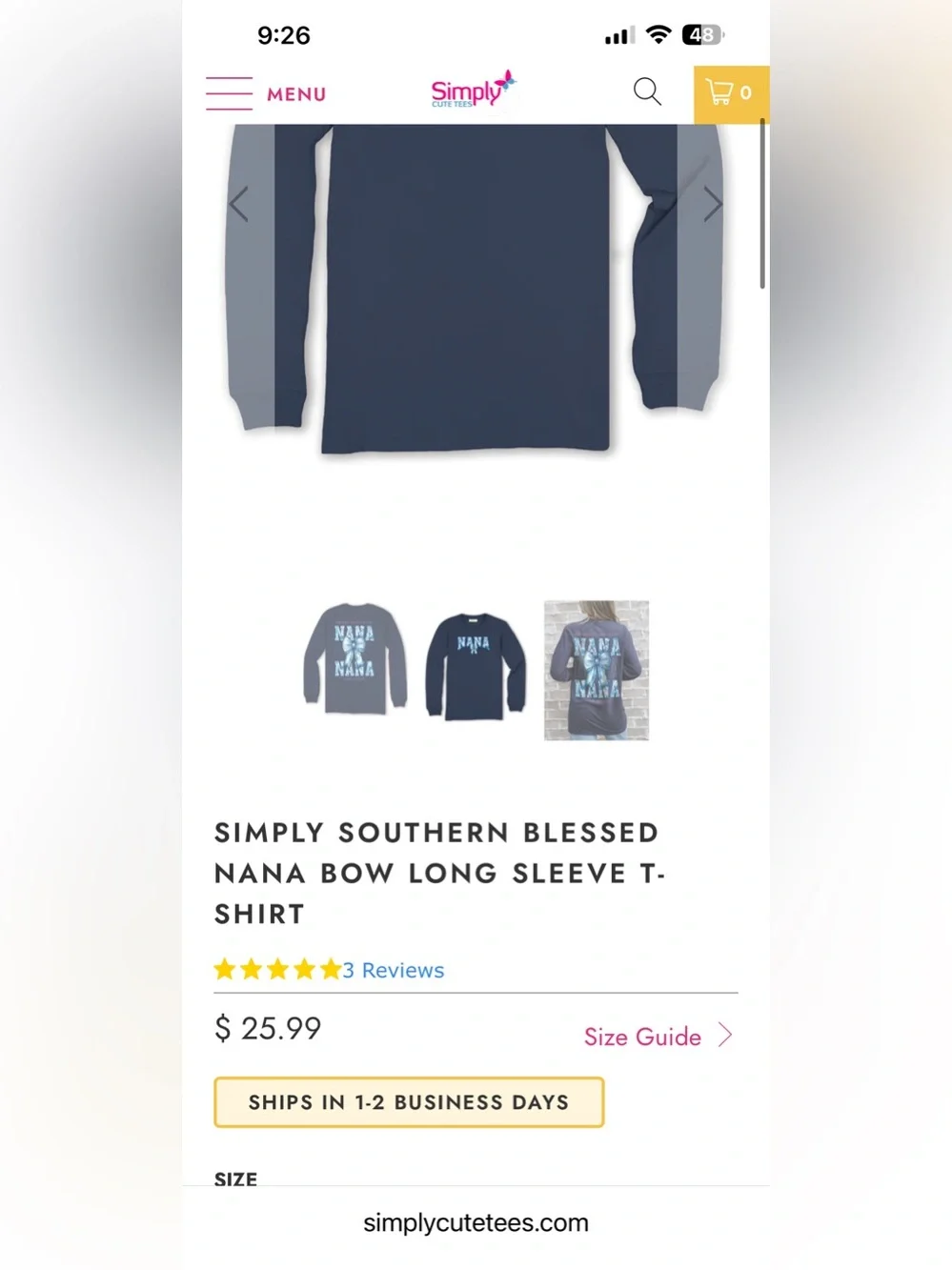 Simply Southern Navy Blue with Blue Floral Blessed Nana Bow Long Sleeved TShirt - Picture 4 of 4